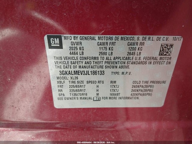 Auction sale of the 2018 Gmc Terrain Sle, vin: 3GKALMEV3JL186133, lot number: 45506484