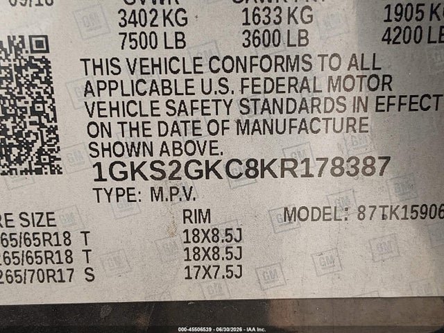 Продаж на аукціоні авто 2019 Gmc Yukon Xl Slt, vin: 1GKS2GKC8KR178387, номер лоту: 45506539