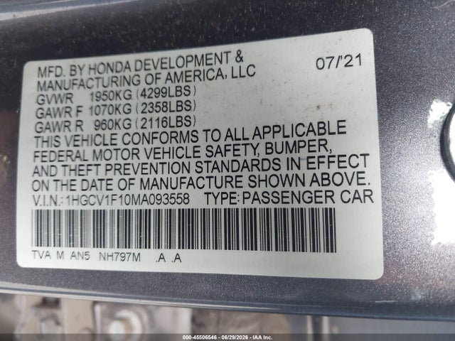 Продажа на аукционе авто 2021 Honda Accord Lx, vin: 1HGCV1F10MA093558, номер лота: 45506546