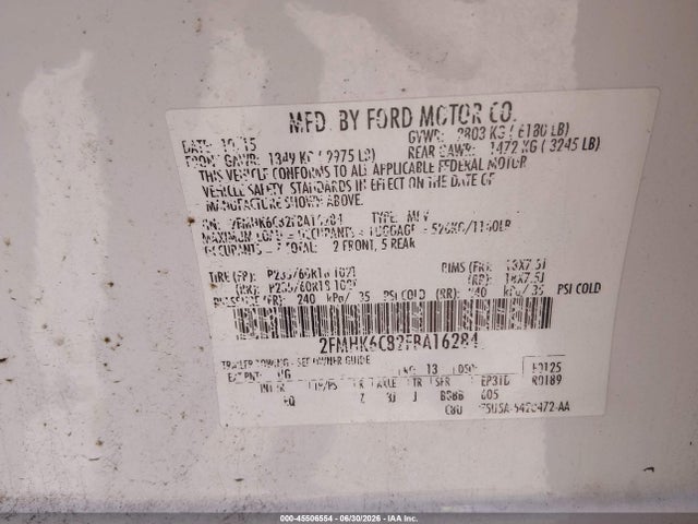 45506554 :رقم المزاد ، 2FMHK6C82FBA16284 vin ، 2015 Ford Flex Sel مزاد بيع