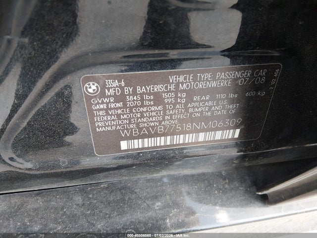 2008 Bmw 335i მანქანა იყიდება აუქციონზე, vin: WBAVB77518NM06309, აუქციონის ნომერი: 45506560