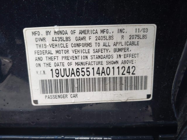 Продаж на аукціоні авто 2004 Acura Tl, vin: 19UUA65514A011242, номер лоту: 45506586