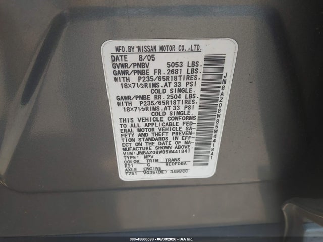 Auction sale of the 2005 Nissan Murano Sl, vin: JN8AZ08W85W441841, lot number: 45506598