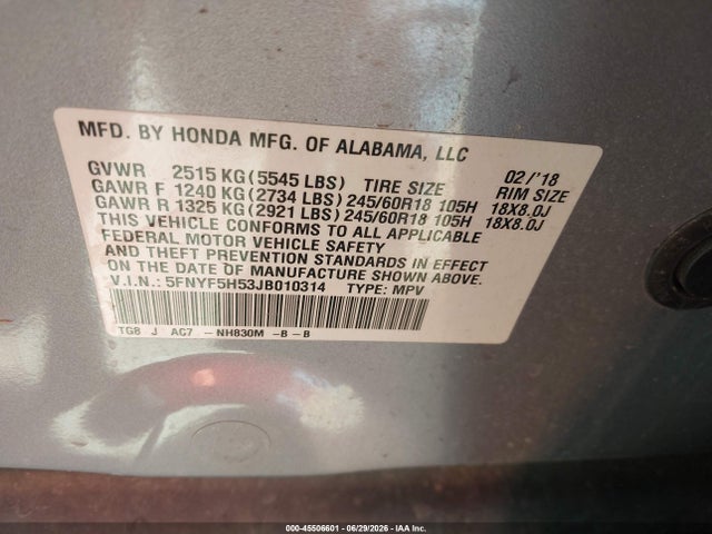 Aukcja sprzedaży 2018 Honda Pilot Ex-l, vin: 5FNYF5H53JB010314, numer aukcji: 45506601