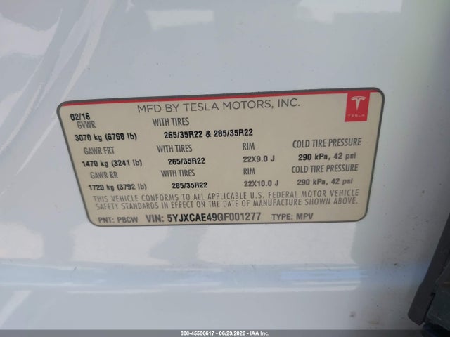 5YJXCAE49GF001277 Tesla Model X 60d/p100d/p90d