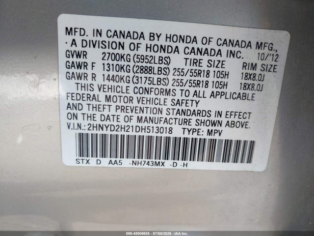 45506655 :رقم المزاد ، 2HNYD2H21DH513018 vin ، 2013 Acura Mdx مزاد بيع