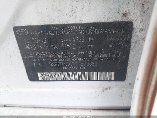 45506662 :رقم المزاد ، 5NPEB4AC9DH573083 vin ، 2013 Hyundai Sonata Gls مزاد بيع