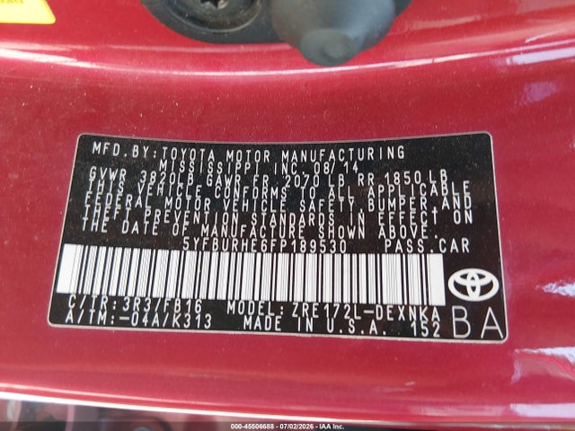 Продаж на аукціоні авто 2015 Toyota Corolla Le Plus, vin: 5YFBURHE6FP189530, номер лоту: 45506688