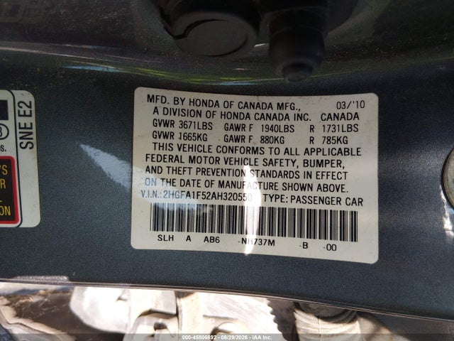 2010 Honda Civic Lx მანქანა იყიდება აუქციონზე, vin: 2HGFA1F52AH320550, აუქციონის ნომერი: 45506692