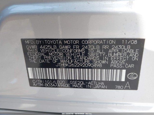 Aukcja sprzedaży 2009 Lexus Is 250, vin: JTHBK262292090498, numer aukcji: 45506705