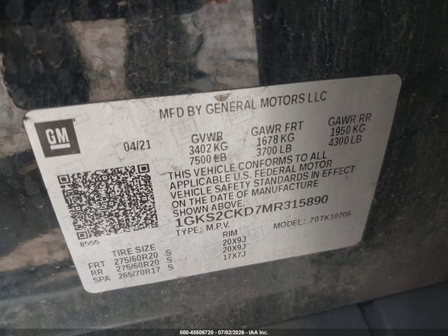 45506720 :رقم المزاد ، 1GKS2CKD7MR315890 vin ، 2021 Gmc Yukon 4wd At4 مزاد بيع