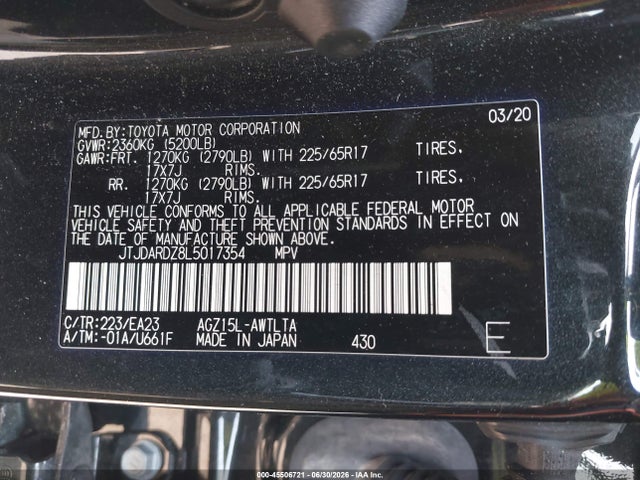 45506721 :رقم المزاد ، JTJDARDZ8L5017354 vin ، 2020 Lexus Nx 300 مزاد بيع