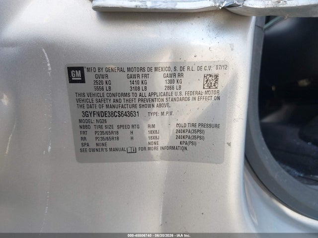 Aukcja sprzedaży 2012 Cadillac Srx Luxury Collection, vin: 3GYFNDE38CS643631, numer aukcji: 45506740
