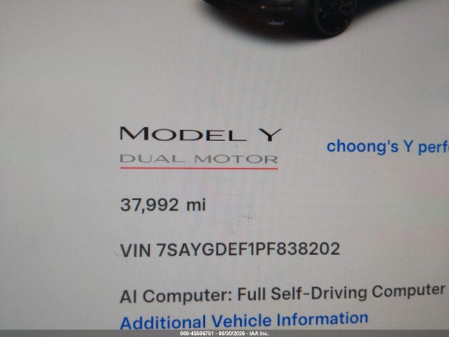 45506751 :رقم المزاد ، 7SAYGDEF1PF838202 vin ، 2023 Tesla Model Y Performance Dual Motor All-wheel Drive مزاد بيع