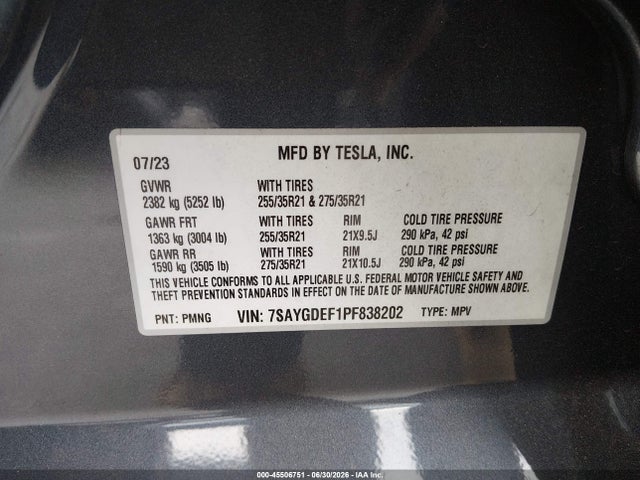 45506751 :رقم المزاد ، 7SAYGDEF1PF838202 vin ، 2023 Tesla Model Y Performance Dual Motor All-wheel Drive مزاد بيع