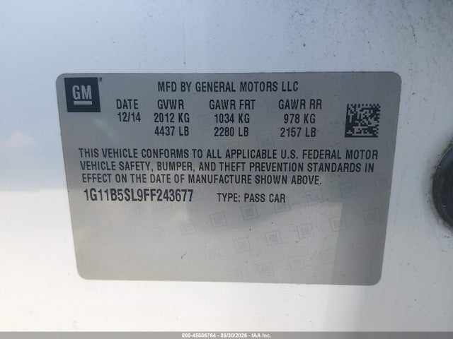 2015 Chevrolet Malibu Ls მანქანა იყიდება აუქციონზე, vin: 1G11B5SL9FF243677, აუქციონის ნომერი: 45506764