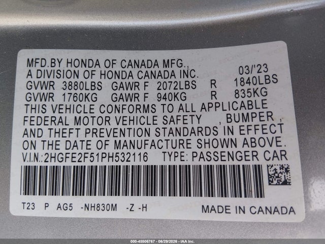 Auction sale of the 2023 Honda Civic Sport, vin: 2HGFE2F51PH532116, lot number: 45506767