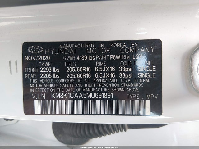 2021 Hyundai Kona Se მანქანა იყიდება აუქციონზე, vin: KM8K1CAA5MU691891, აუქციონის ნომერი: 45506771