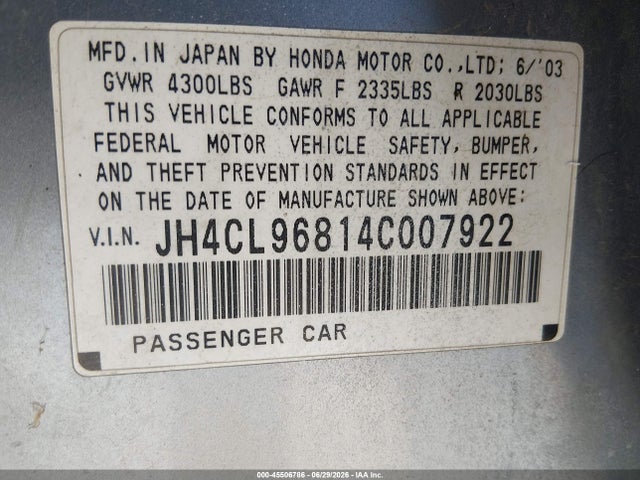 45506786 :رقم المزاد ، JH4CL96814C007922 vin ، 2004 Acura Tsx مزاد بيع