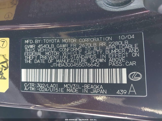 45506789 :رقم المزاد ، JTHBA30G455076642 vin ، 2005 Lexus Es 330 مزاد بيع