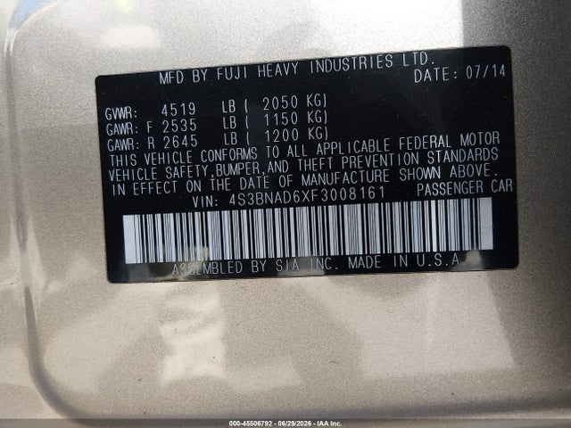 2015 Subaru Legacy 2.5i Premium მანქანა იყიდება აუქციონზე, vin: 4S3BNAD6XF3008161, აუქციონის ნომერი: 45506792