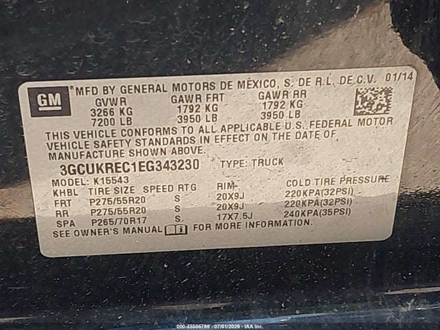 45506795 :رقم المزاد ، 3GCUKREC1EG343230 vin ، 2014 Chevrolet Silverado 1500 Lt مزاد بيع