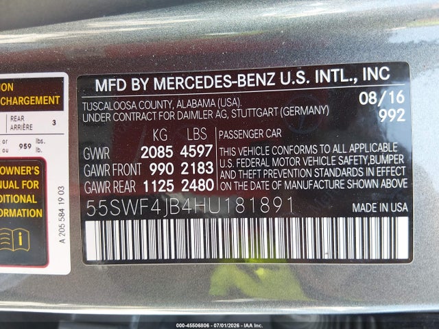 Aukcja sprzedaży 2017 Mercedes-benz C 300, vin: 55SWF4JB4HU181891, numer aukcji: 45506806