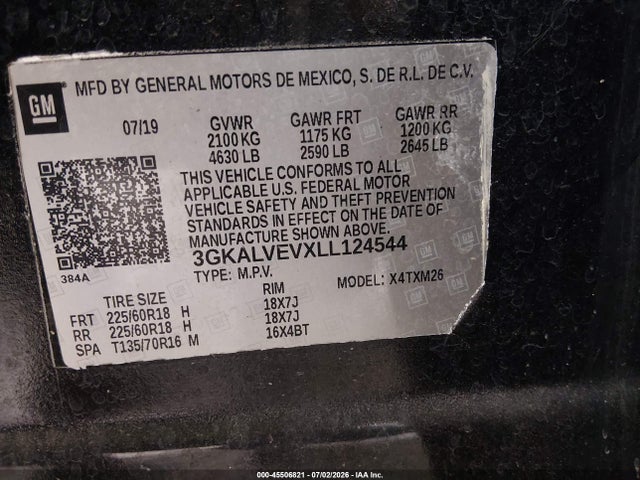 45506821 :رقم المزاد ، 3GKALVEVXLL124544 vin ، 2020 Gmc Terrain Awd Slt مزاد بيع