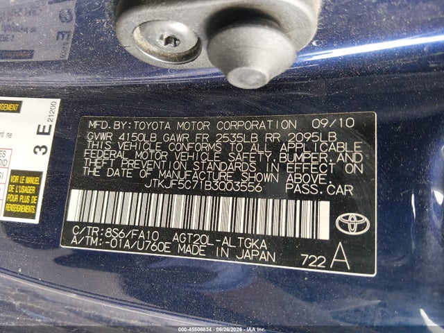 45506834 :رقم المزاد ، JTKJF5C71B3003556 vin ، 2011 Scion Tc مزاد بيع