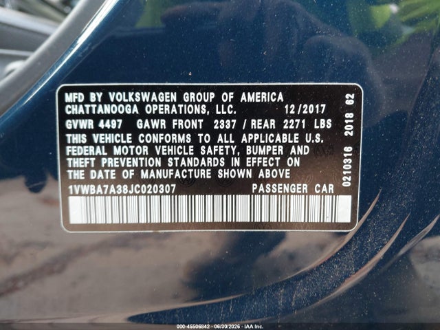 Продаж на аукціоні авто 2018 Volkswagen Passat 2.0t Se, vin: 1VWBA7A38JC020307, номер лоту: 45506842