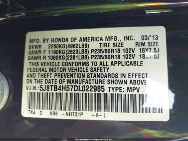 2013 Acura Rdx მანქანა იყიდება აუქციონზე, vin: 5J8TB4H57DL022985, აუქციონის ნომერი: 45506855