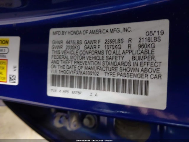 Aukcja sprzedaży 2019 Honda Accord Sport, vin: 1HGCV1F37KA100102, numer aukcji: 45506864