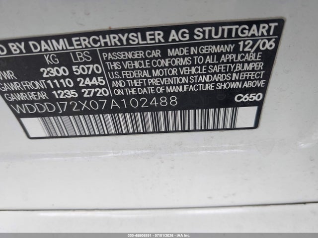 Aukcja sprzedaży 2007 Mercedes-benz Cls 550, vin: WDDDJ72X07A102488, numer aukcji: 45506891