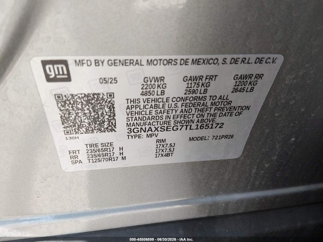 45506899 :رقم المزاد ، 3GNAXSEG7TL165172 vin ، 2026 Chevrolet Equinox Awd Activ مزاد بيع
