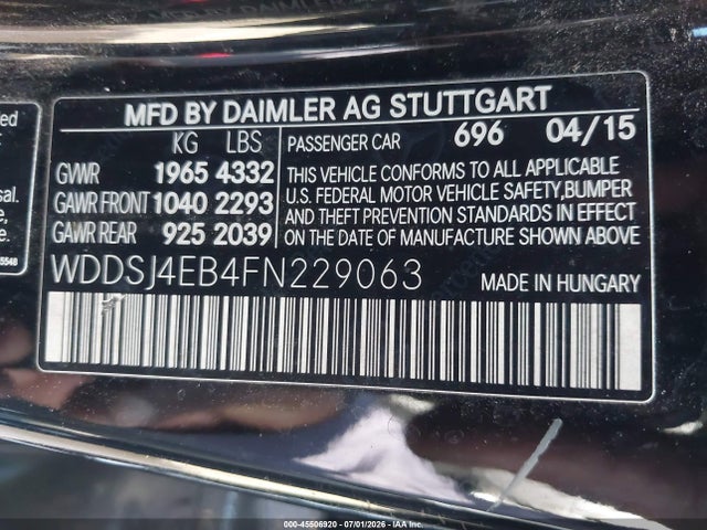 Aukcja sprzedaży 2015 Mercedes-benz Cla 250, vin: WDDSJ4EB4FN229063, numer aukcji: 45506920