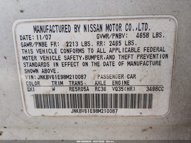 Продаж на аукціоні авто 2008 Infiniti G35 Journey, vin: JNKBV61E98M210087, номер лоту: 45506939