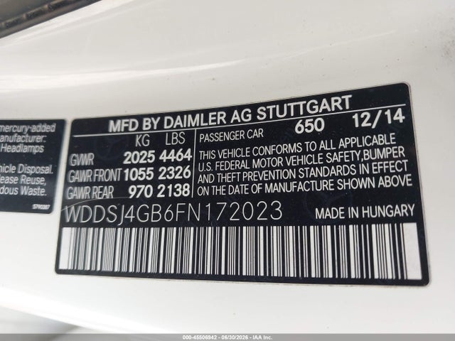 45506942 :رقم المزاد ، WDDSJ4GB6FN172023 vin ، 2015 Mercedes-benz Cla 250 4matic مزاد بيع