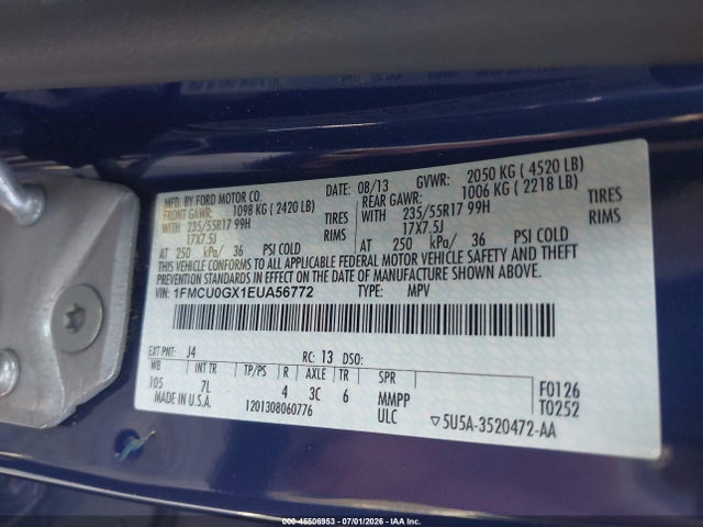 45506953 :رقم المزاد ، 1FMCU0GX1EUA56772 vin ، 2014 Ford Escape Se مزاد بيع