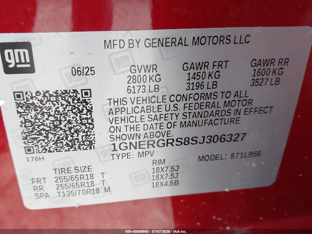 Продажа на аукционе авто 2025 Chevrolet Traverse Fwd Lt, vin: 1GNERGRS8SJ306327, номер лота: 45506960