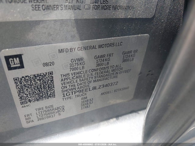 Продаж на аукціоні авто 2020 Gmc Sierra 1500 4wd  Short Box At4, vin: 1GTP9EEL8LZ340372, номер лоту: 45506962