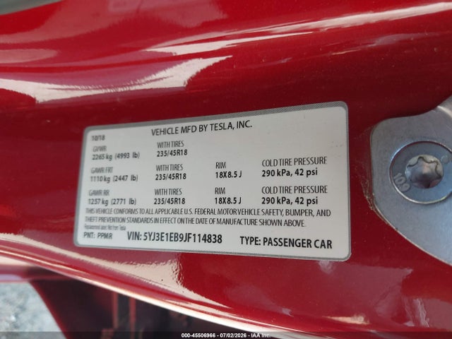 45506966 :رقم المزاد ، 5YJ3E1EB9JF114838 vin ، 2018 Tesla Model 3 Long Range/performance مزاد بيع