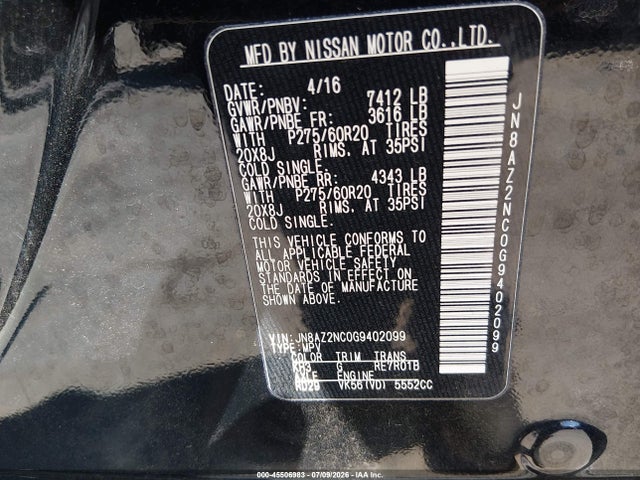 Aukcja sprzedaży 2016 Infiniti Qx80, vin: JN8AZ2NC0G9402099, numer aukcji: 45506983