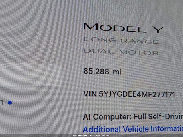 Aukcja sprzedaży 2021 Tesla Model Y Long Range Dual Motor All-wheel Drive, vin: 5YJYGDEE4MF277171, numer aukcji: 45506995