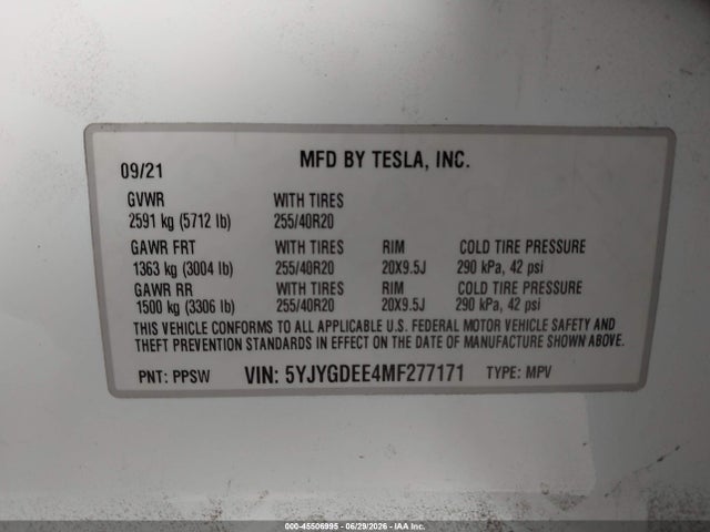 Aukcja sprzedaży 2021 Tesla Model Y Long Range Dual Motor All-wheel Drive, vin: 5YJYGDEE4MF277171, numer aukcji: 45506995