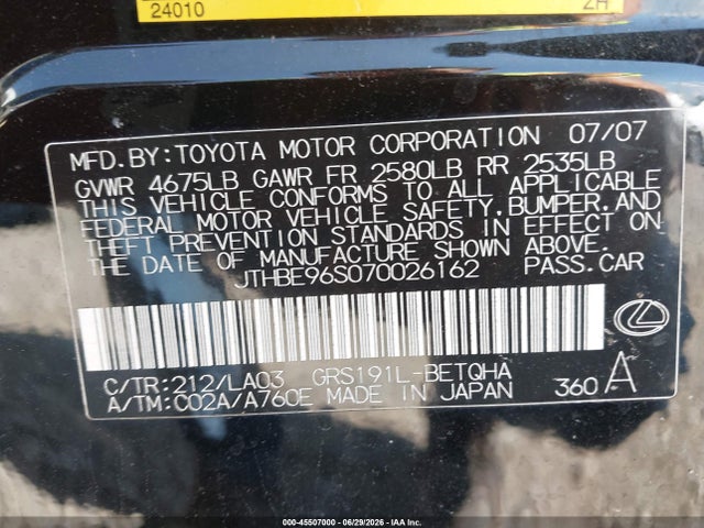 2007 Lexus Gs 350 მანქანა იყიდება აუქციონზე, vin: JTHBE96S070026162, აუქციონის ნომერი: 45507000