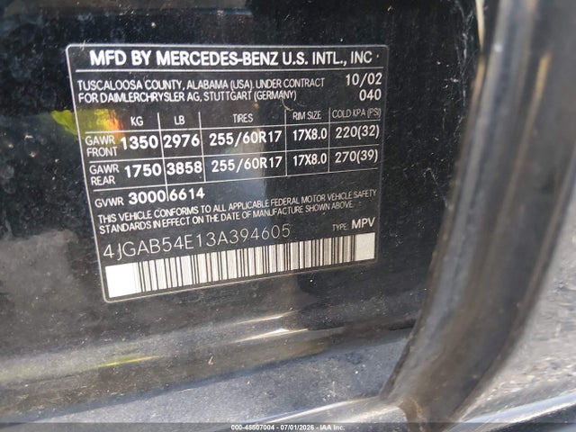 2003 Mercedes-benz Ml 320 მანქანა იყიდება აუქციონზე, vin: 4JGAB54E13A394605, აუქციონის ნომერი: 45507004