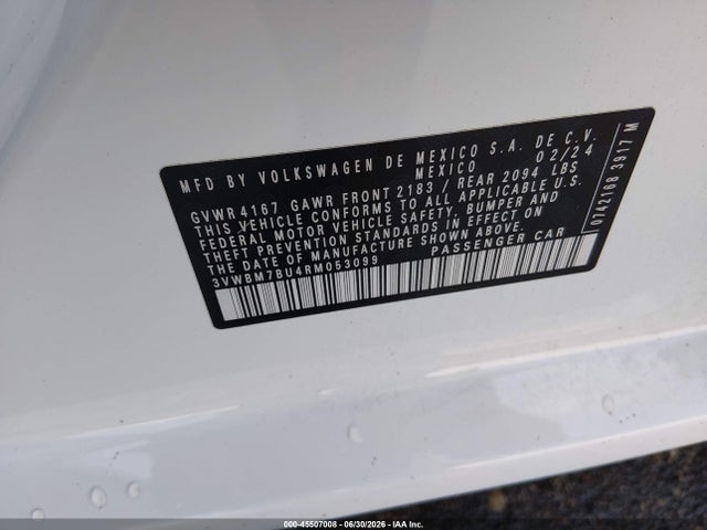 2024 Volkswagen Jetta 1.5t Sport მანქანა იყიდება აუქციონზე, vin: 3VWBM7BU4RM053099, აუქციონის ნომერი: 45507008