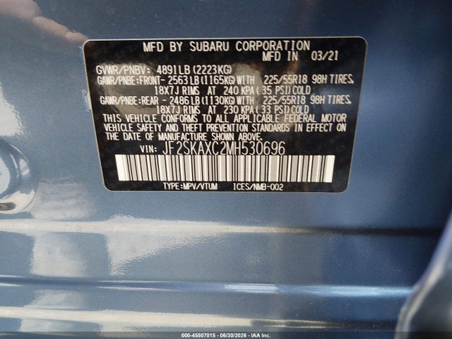 Aukcja sprzedaży 2021 Subaru Forester Touring, vin: JF2SKAXC2MH530696, numer aukcji: 45507015
