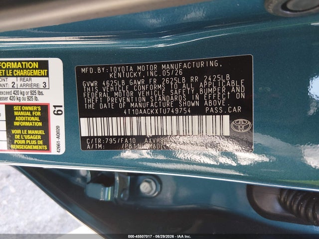 Продаж на аукціоні авто 2026 Toyota Camry Le, vin: 4T1DAACKXTU749754, номер лоту: 45507017