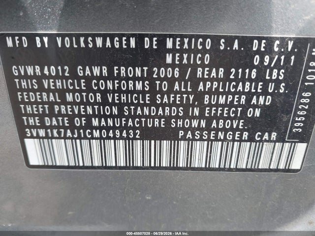 Aukcja sprzedaży 2012 Volkswagen Jetta 2.0l S, vin: 3VW1K7AJ1CM049432, numer aukcji: 45507028